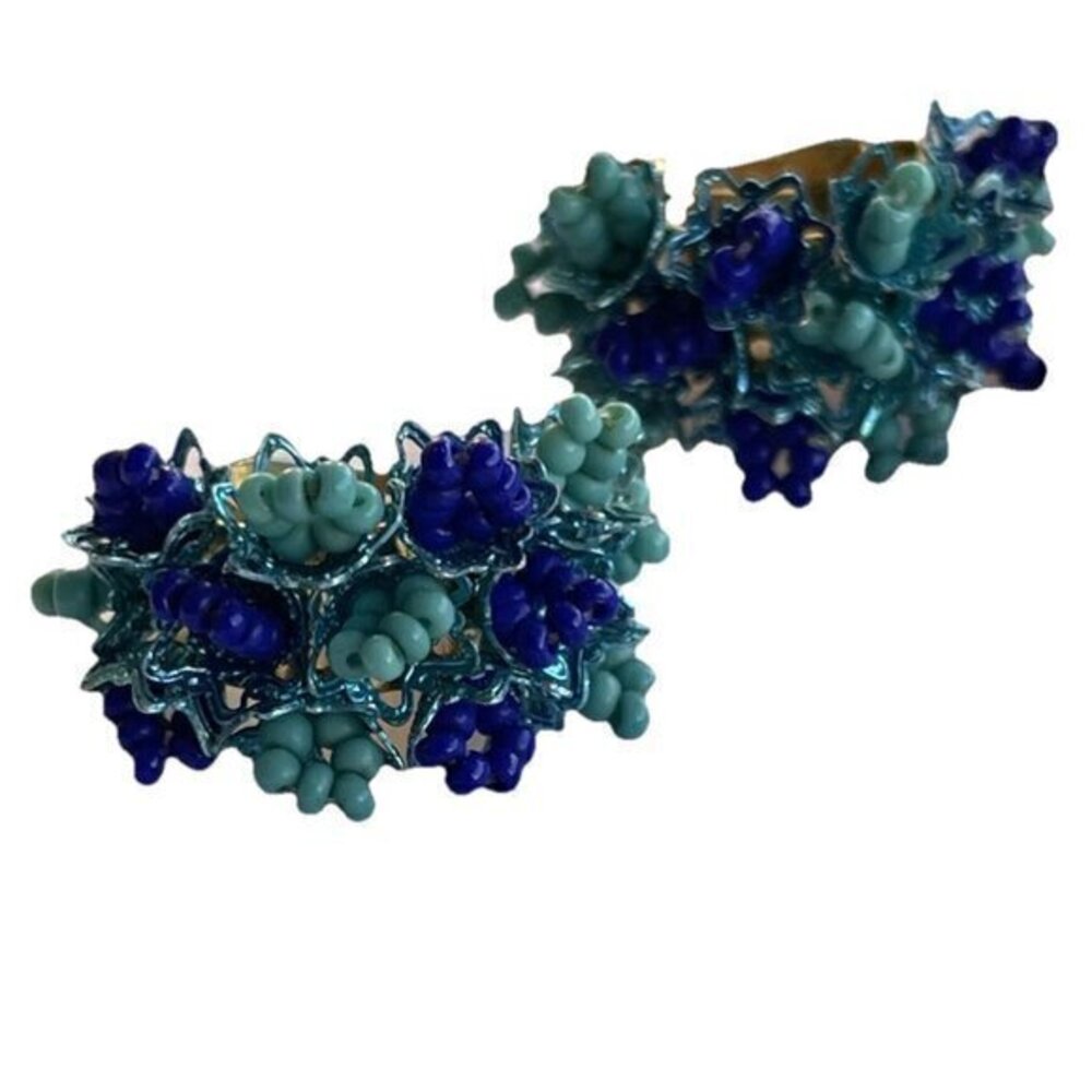 Vintage Blue Two Tone Stamped Hong Kong Beaded Cluster Clip On Earrings 1"